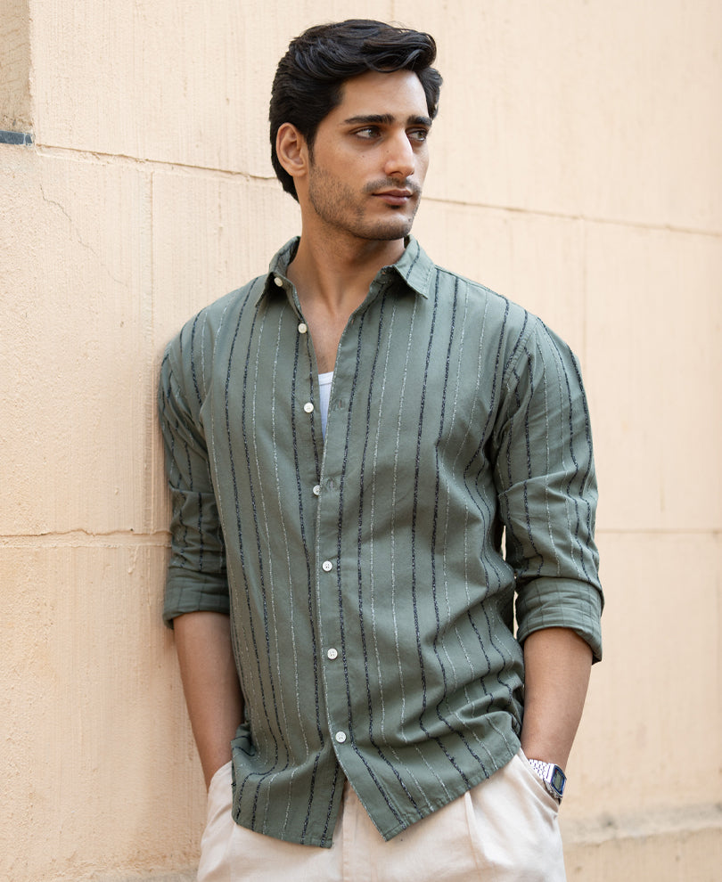 Olive Boucle Stripe Shirt.