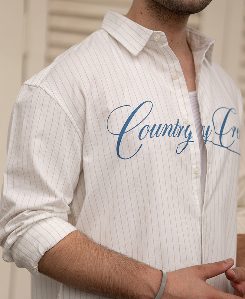 White Calligraphy Print Stripe Shirt 100% Cotton