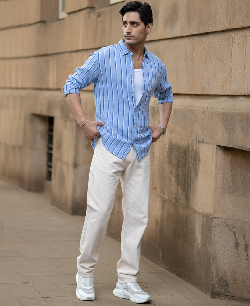 Blue Double Cloth Striped Shirt.