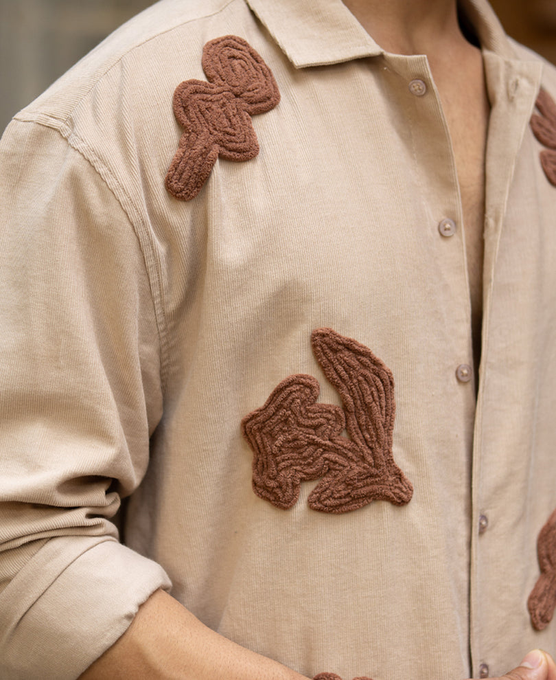 Beige Corduroy Embroidered Shirt 100% Cotton