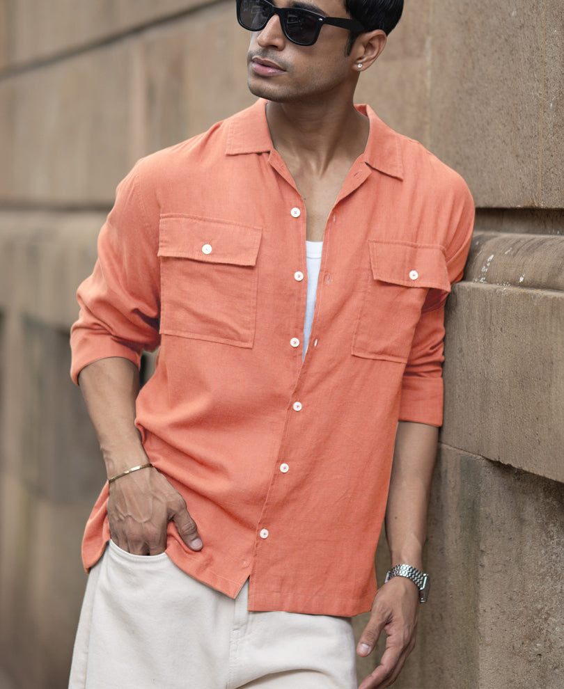 Peach Linen Double Pocket Shirt.