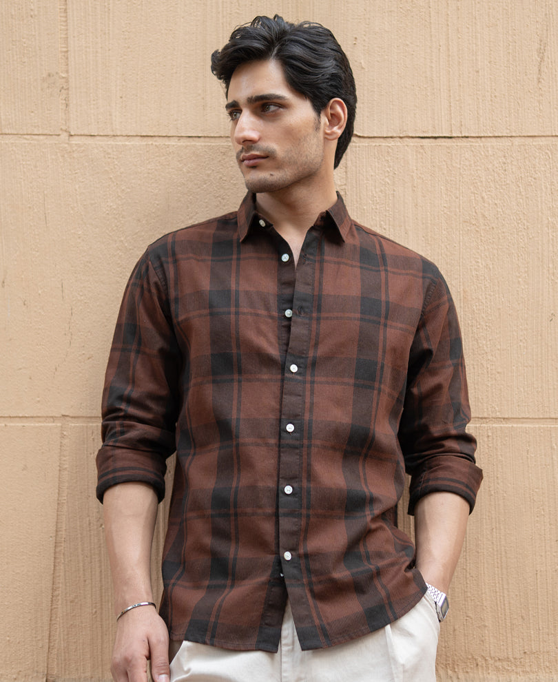 Dark Brown Structured Checked Shirt.