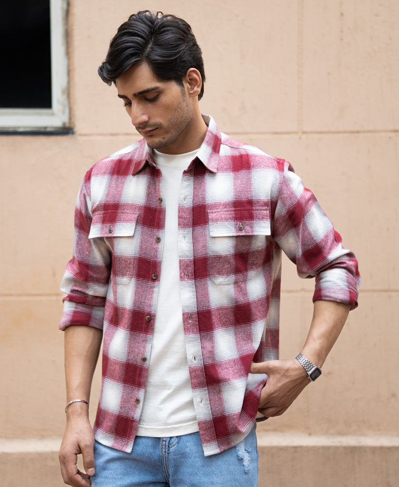 Maroon Checks Double Pocket Shirt.