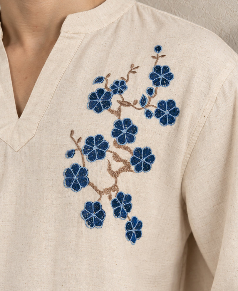 Natural Embroidered Striped Kurta Shirt