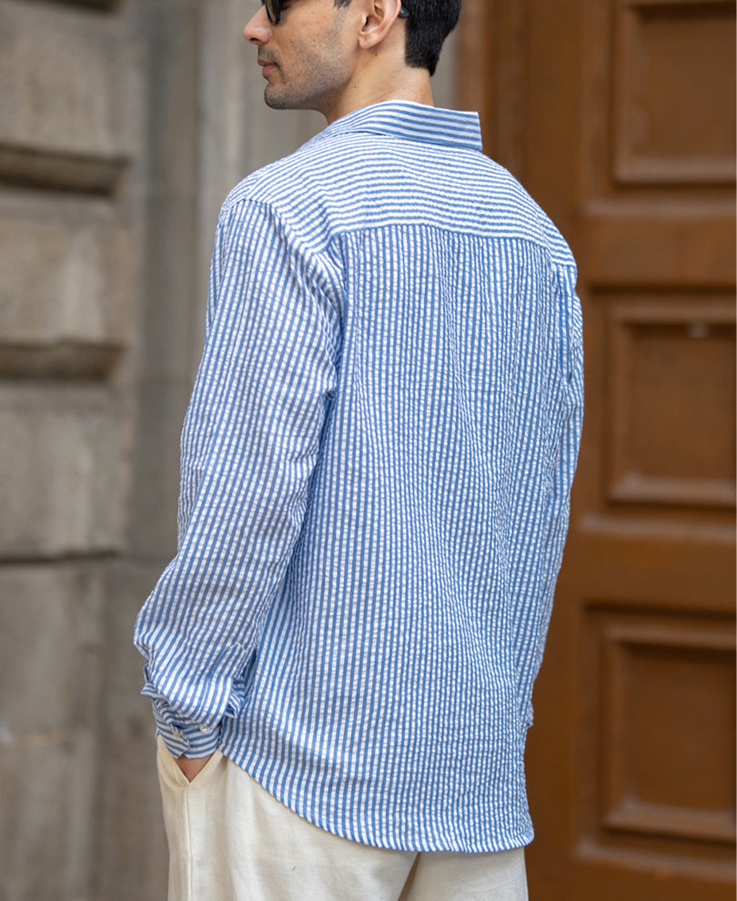 Blue Seersucker Printed Shirt 100% Cotton