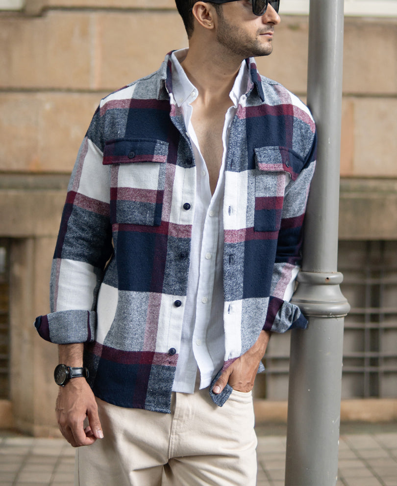 Navy And Wine Flannel Checks Shirt.