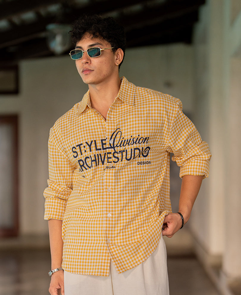 Yellow Printed Checks Shirt 100% Cotton