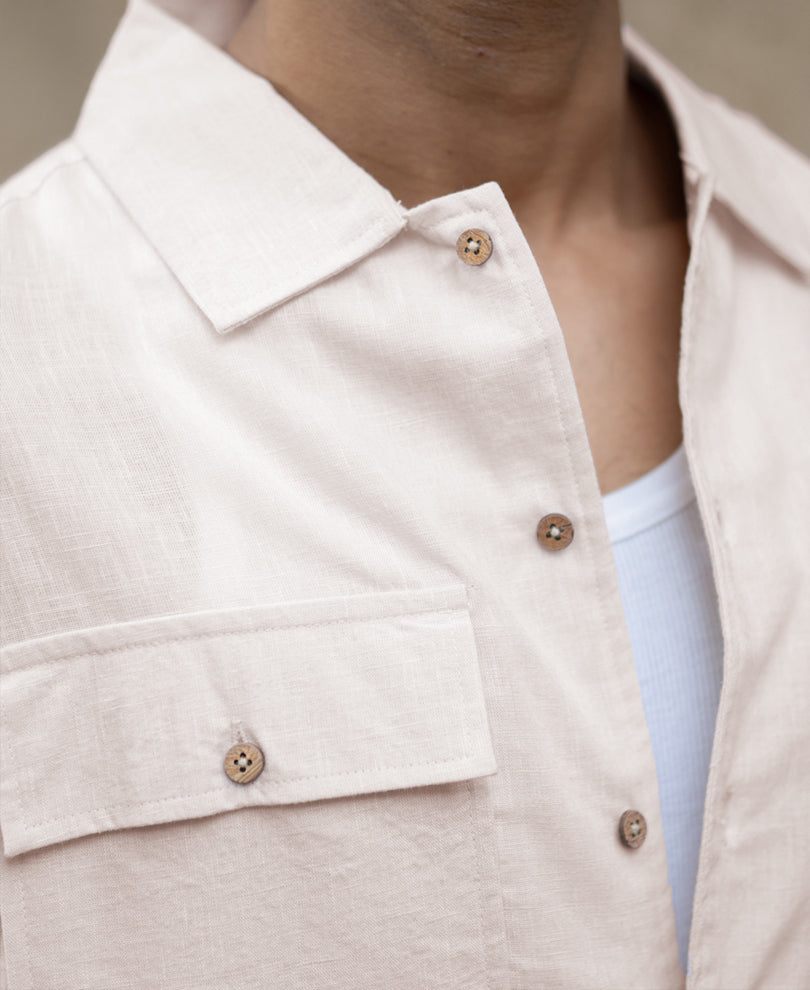Cream Linen Double Pocket Shirt.