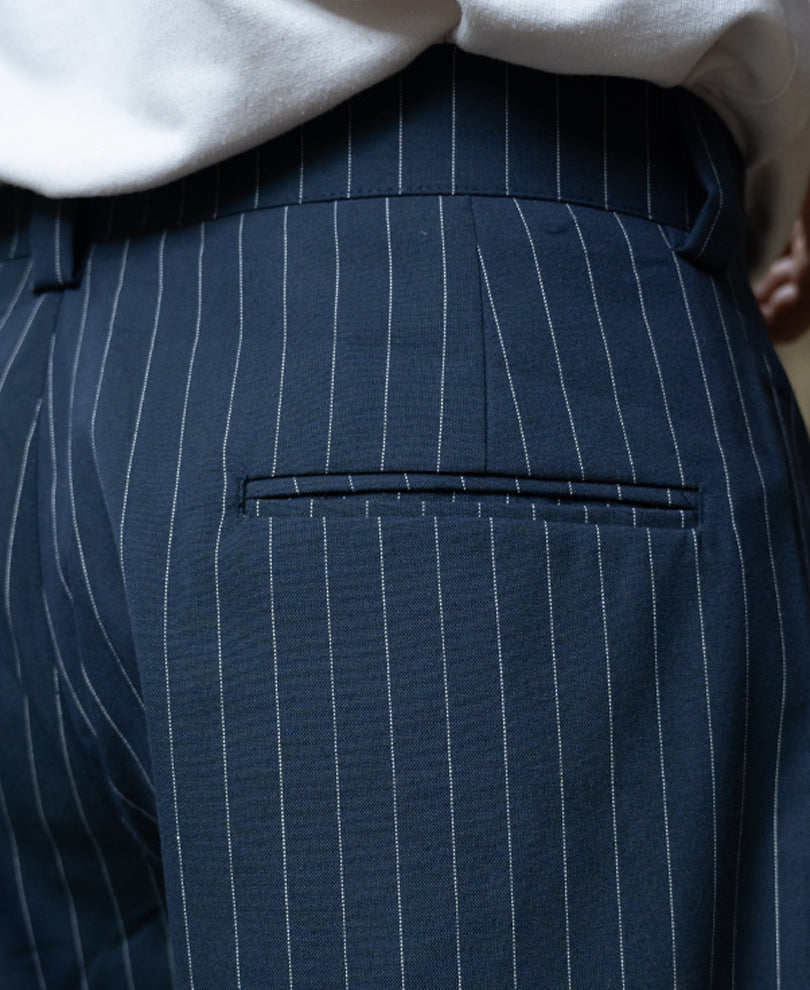 Navy Striped Pleated Trousers