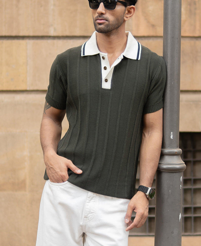 Olive Contrast Collar Knit T-Shirt.