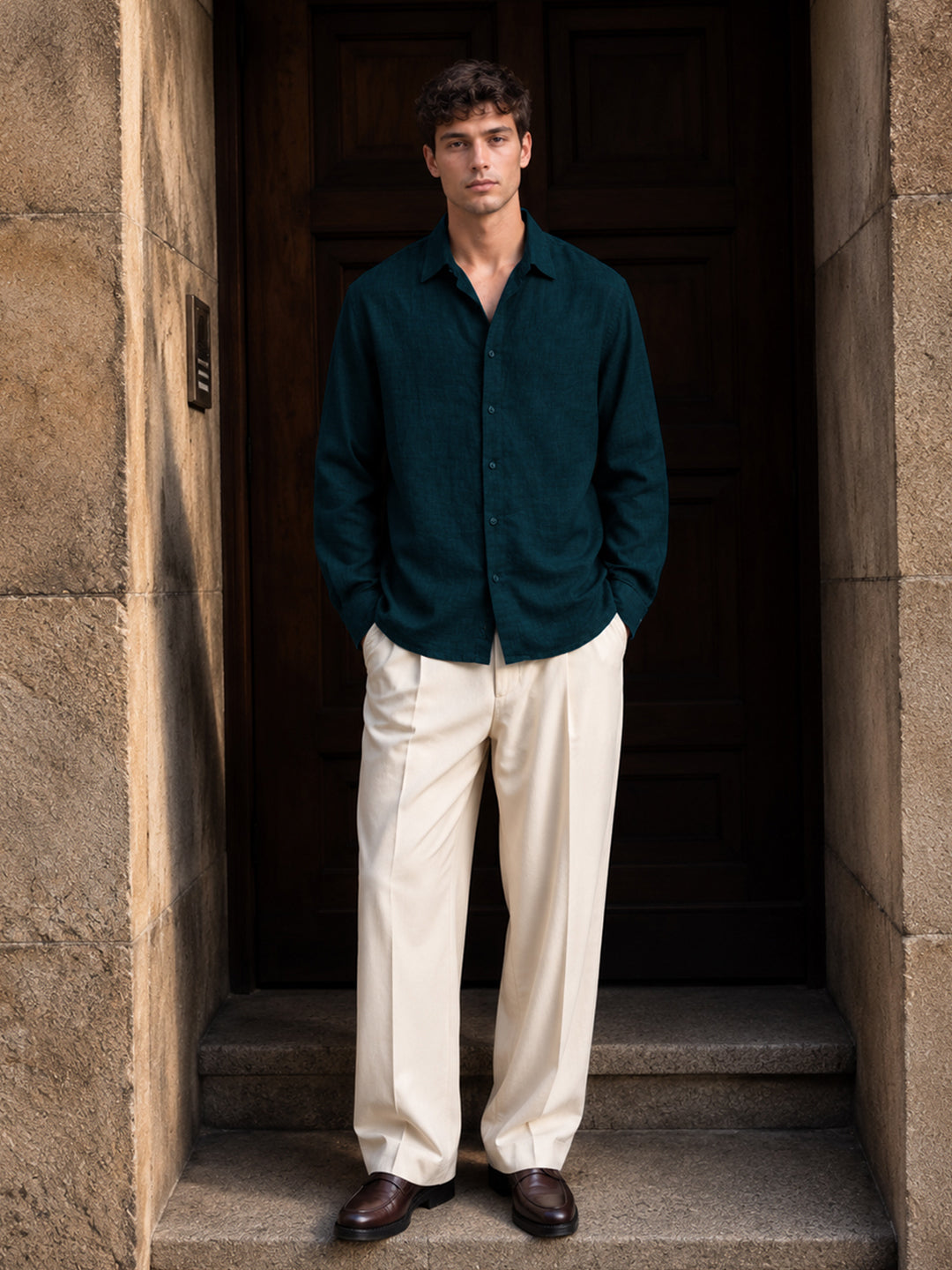 Teal Blue 100% Linen Shirt