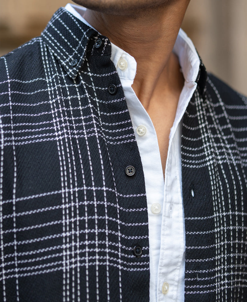 Black Structured Checked Shirt.