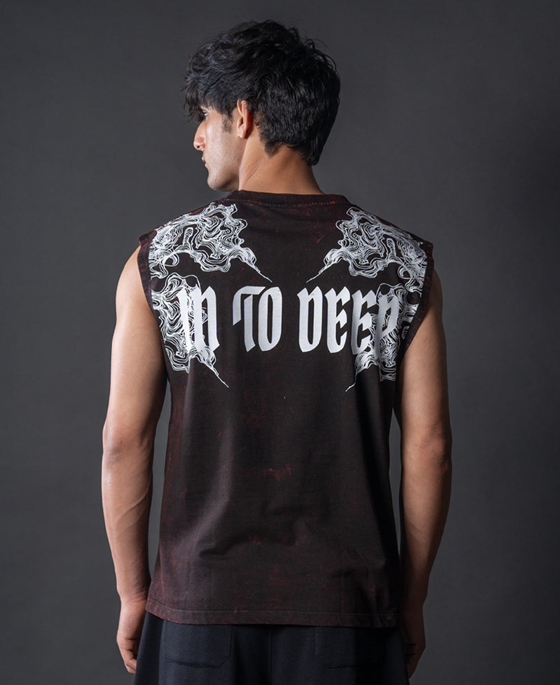 Washed Brown Printed Drop Shoulder Sando.