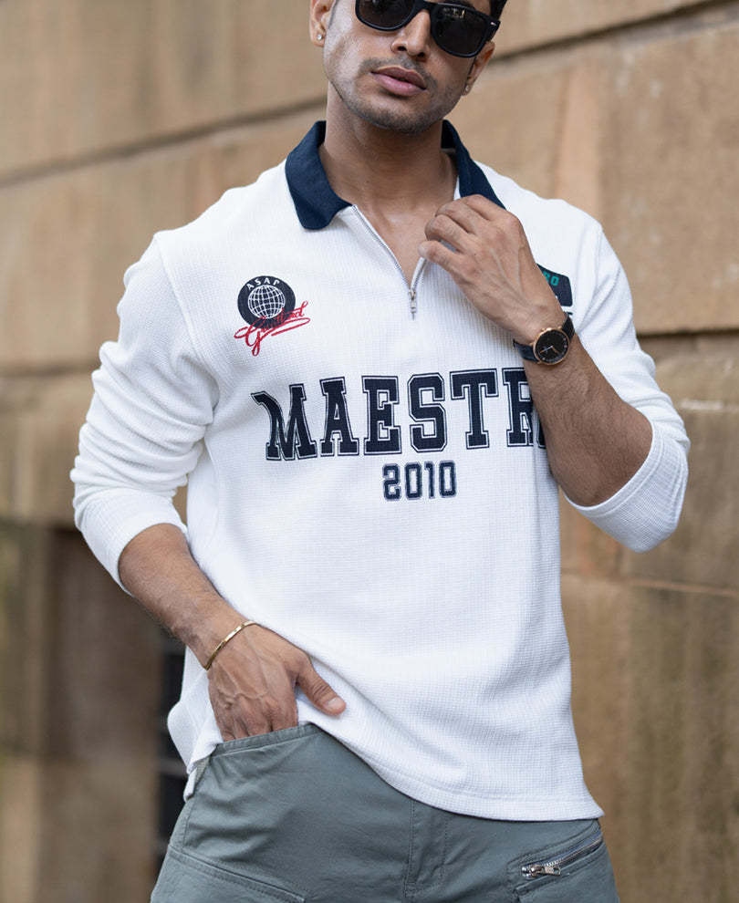 White Structured Printed T-Shirt.