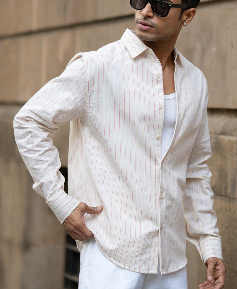Peach & Beige Linen Stripe Shirt.