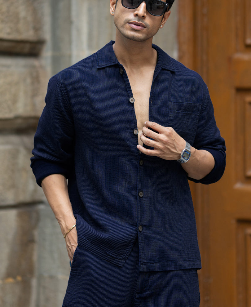 Navy Double Cloth Stripe Co-Ord Set.