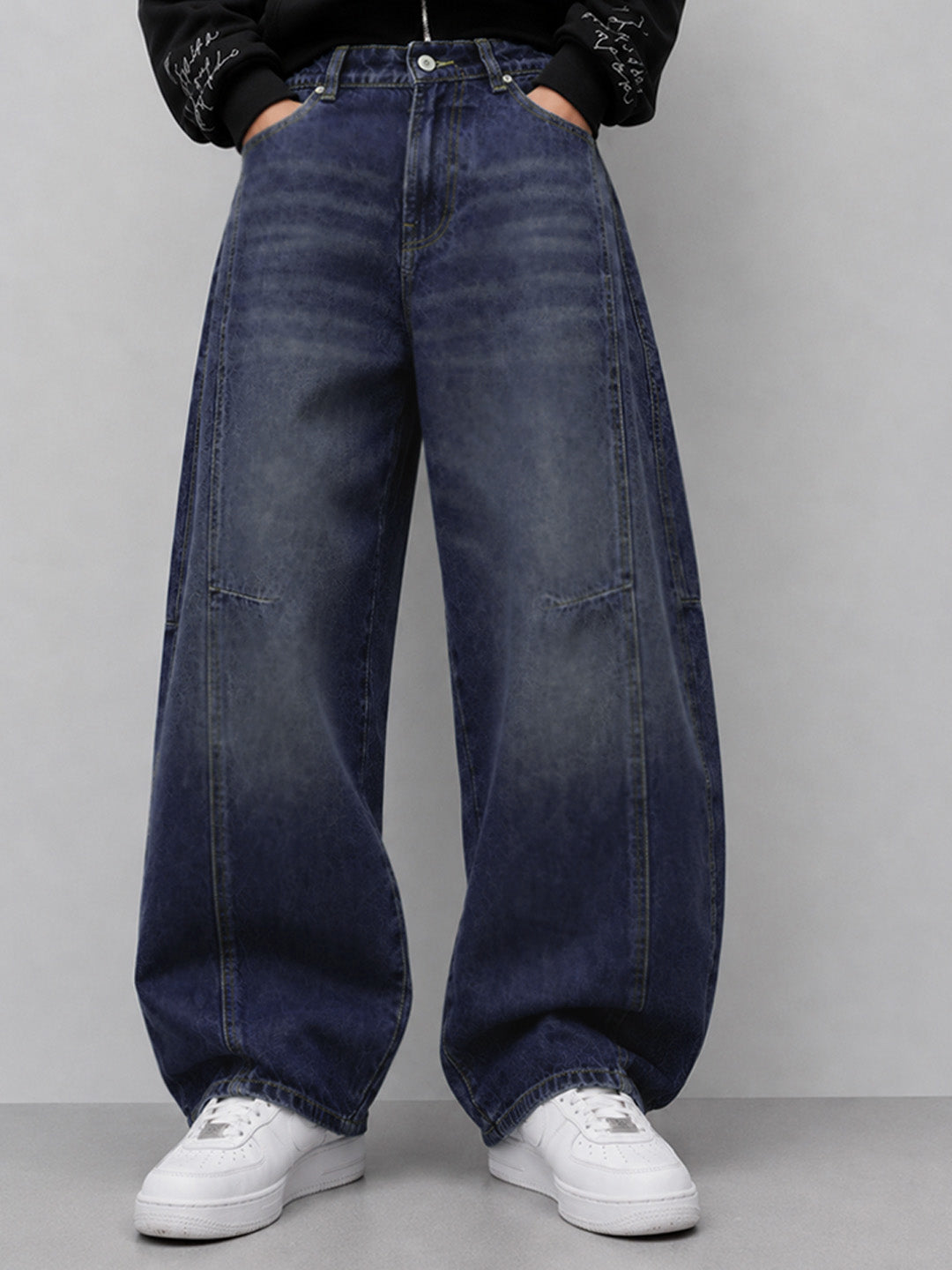 Blue Panelled Barrel Fit Jeans