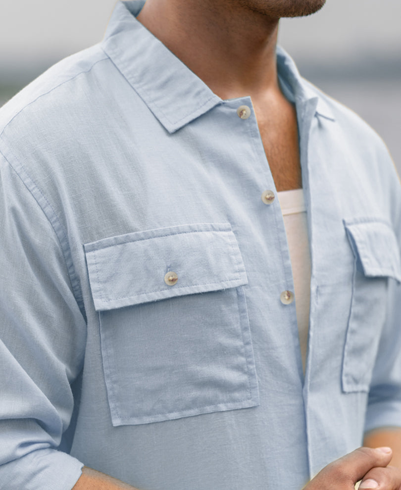 Light Blue Linen Double Pocket Shirt.
