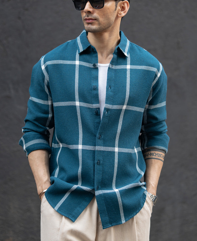 Teal Structured Checked Shirt.
