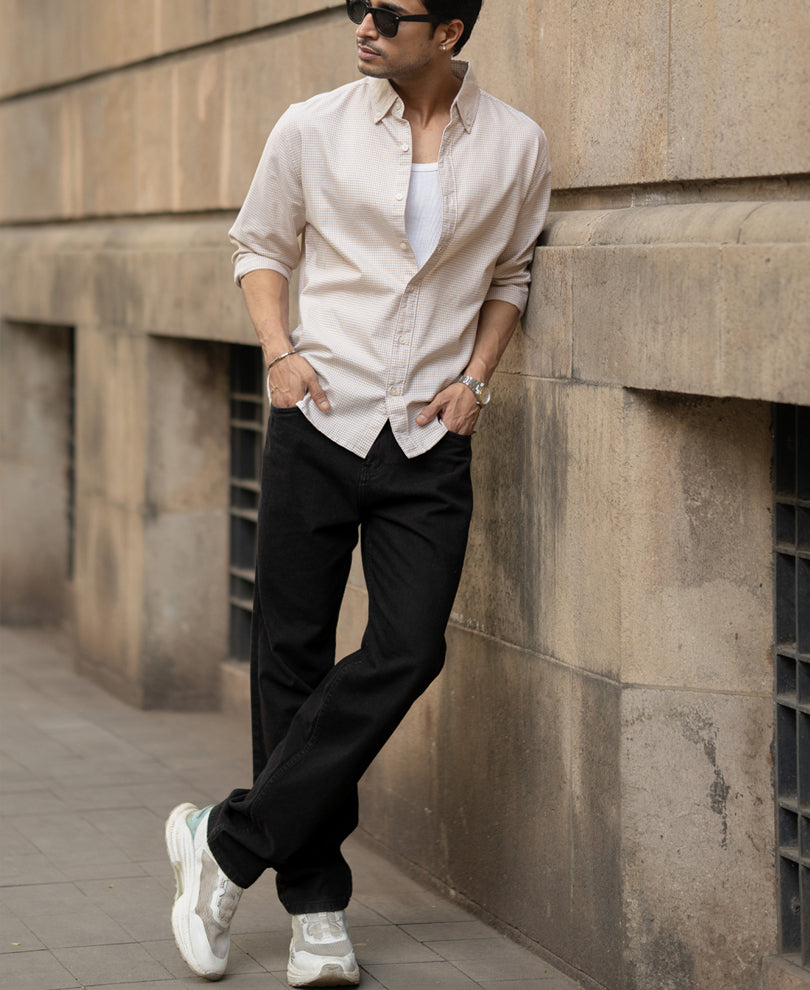 Beige Microchecks Oxford Shirt.