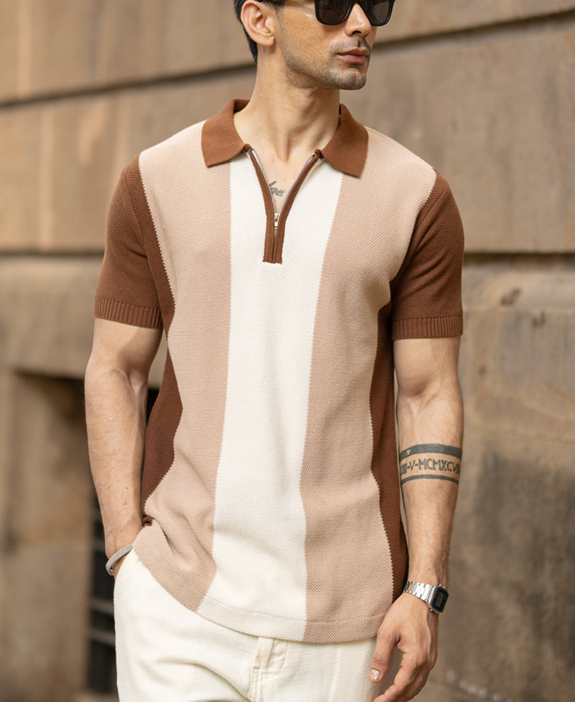 Beige & Brown Knit Stripe T-Shirt 100% Cotton