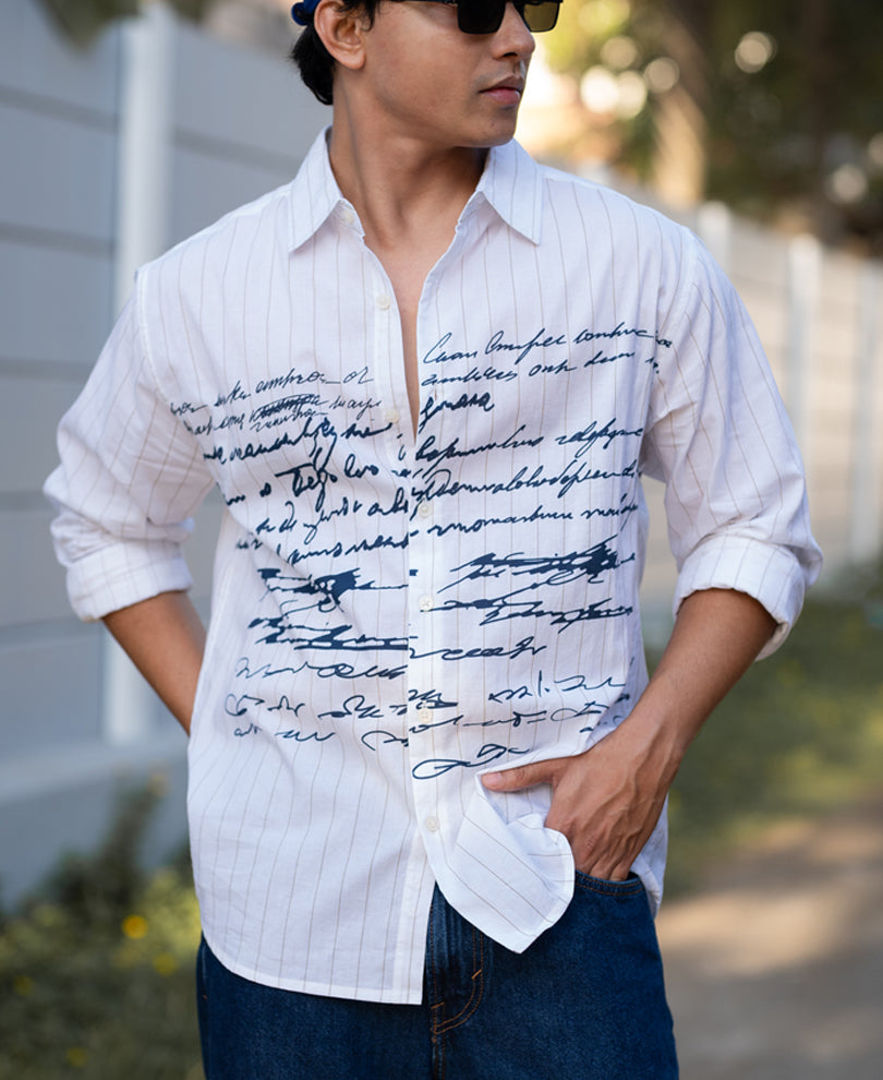 White Typography Print Stripe Shirt.