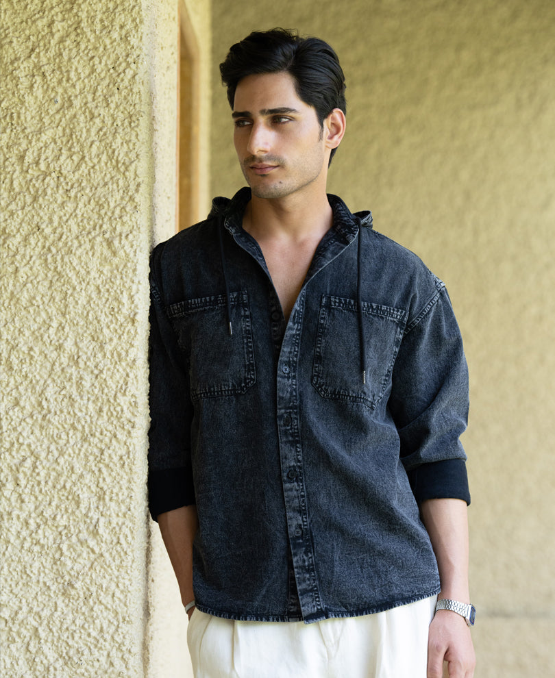 Black Denim Hooded Shirt