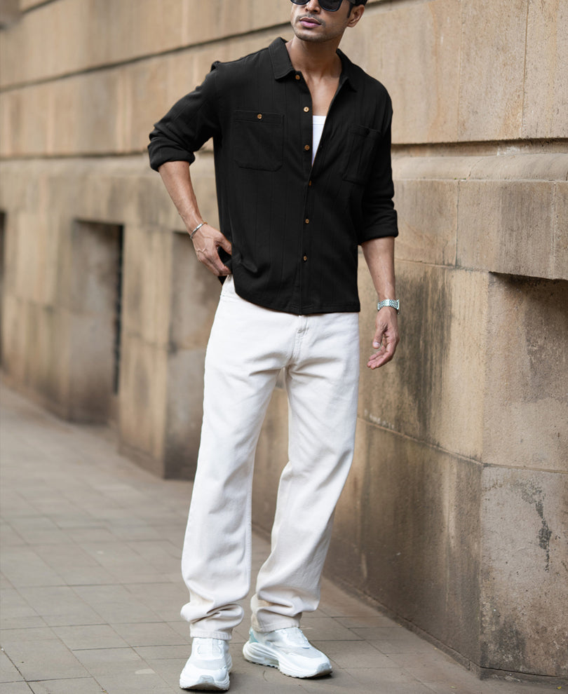 Black Double Pocket Knit Shirt.