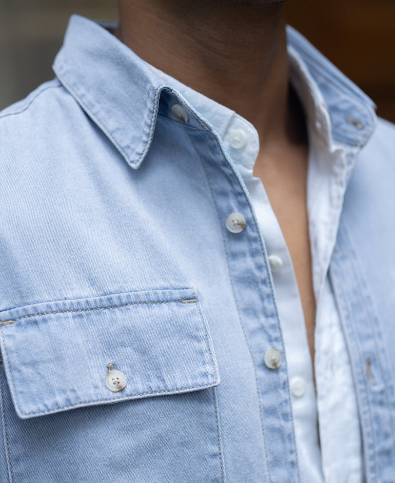 Blue Washed Denim Double Pocket Shirt.