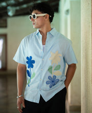 Blue Floral Embroidery Shirt 100% Cotton