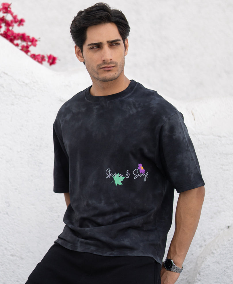 Black Washed Floral Print T-Shirt.