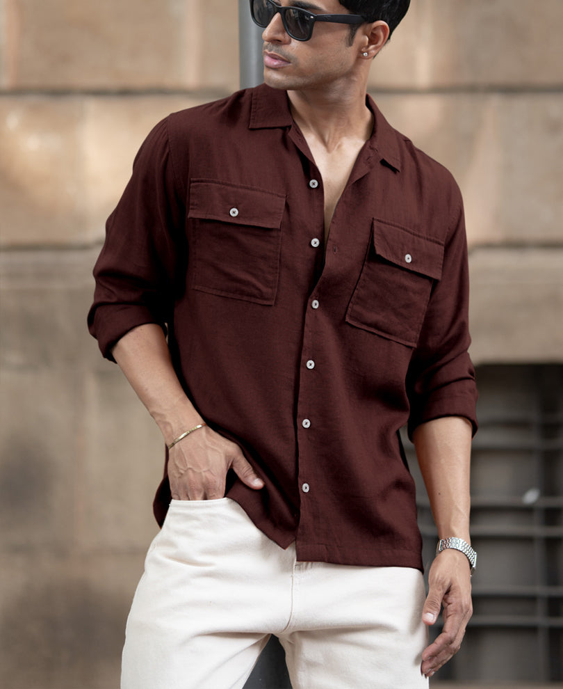 Wine Linen Double Pocket Shirt.