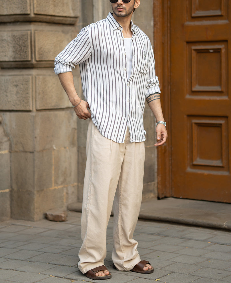 White Linen Blend Stripe Shirt.