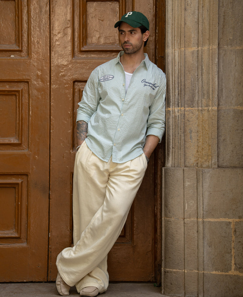 Green Embroidered Seersucker Check Shirt 100% Cotton