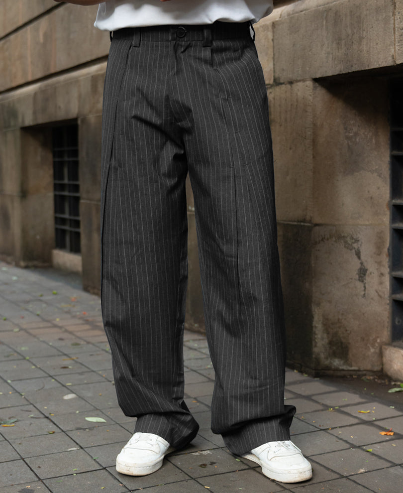 Grey Striped Pleated Korean Pants
