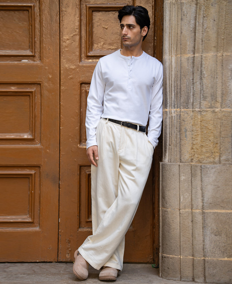 White Rib Knit Henley T-Shirt