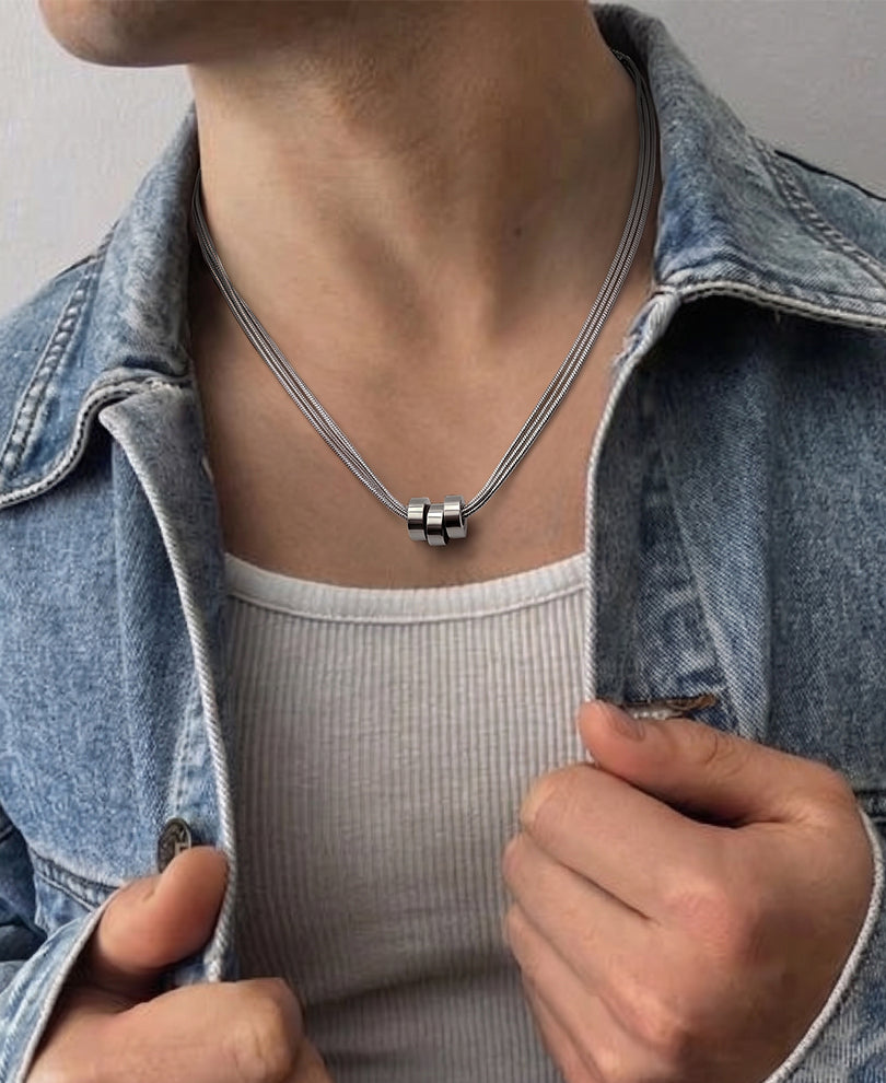 Triple Layer Silver Ring Pendant Necklace