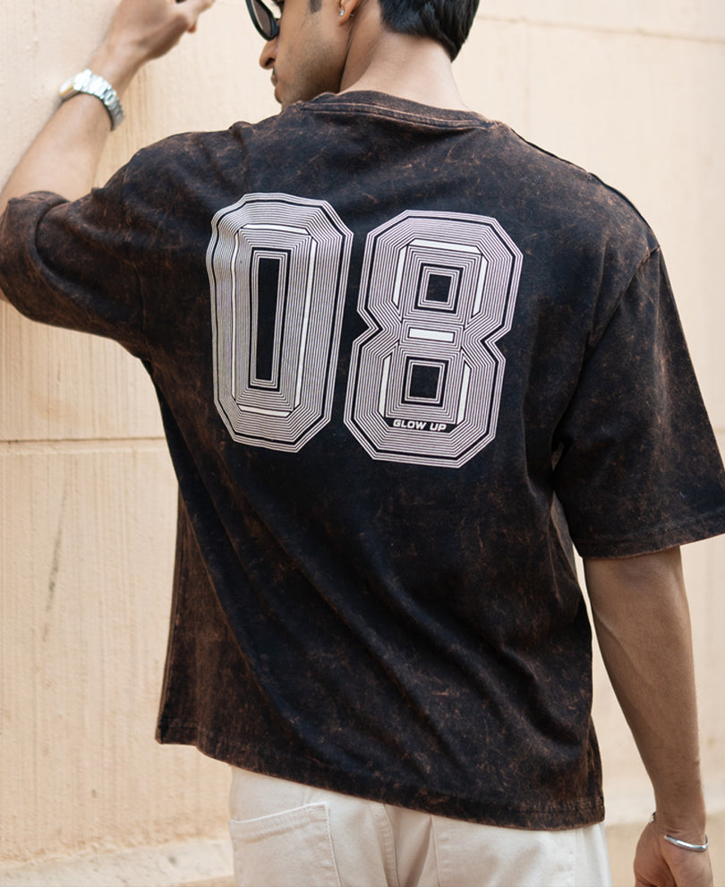 Dark Brown Washed Printed T-Shirt.
