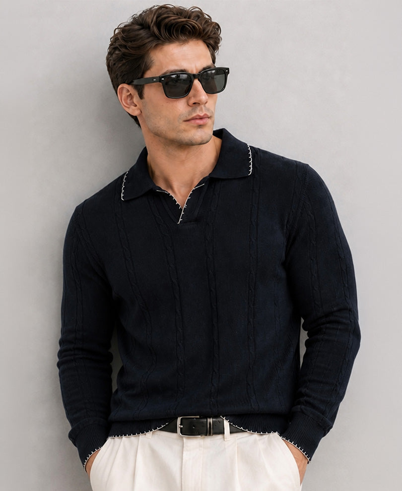 Navy Cable Knit T-Shirt 100% Cotton