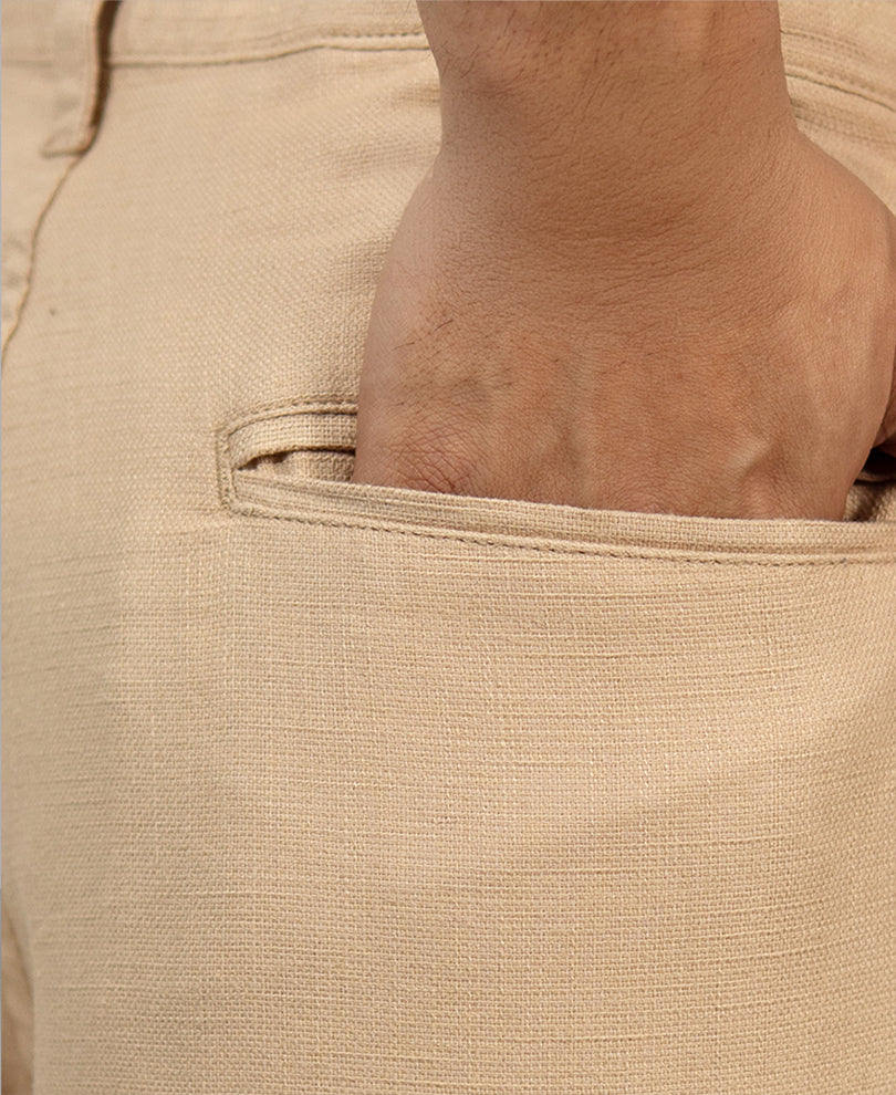 Beige Pleated Cotton Baggy Trousers