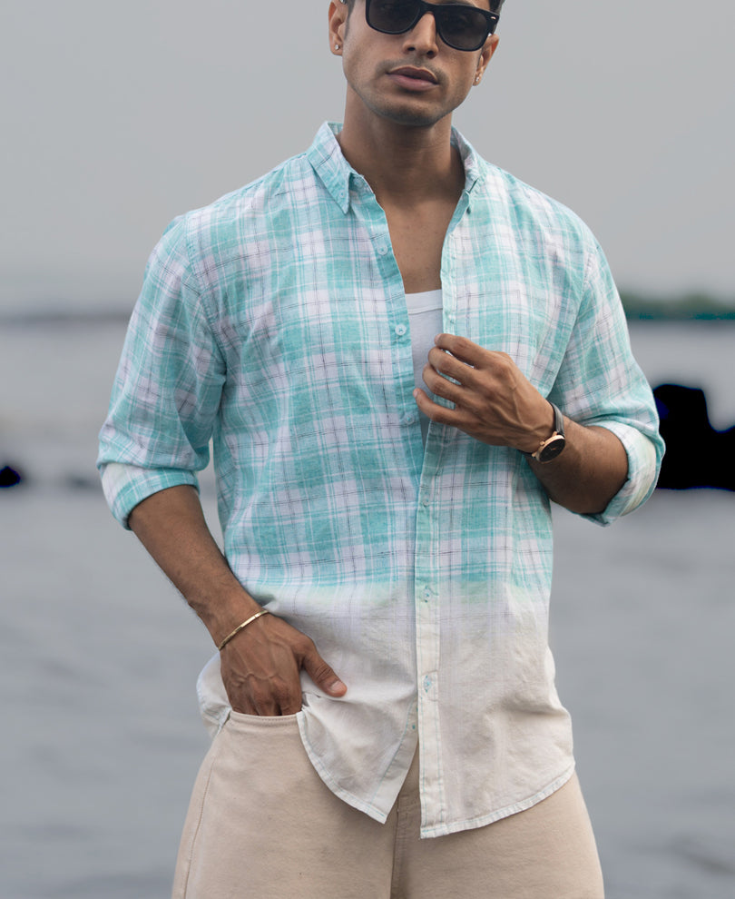 Aqua Blue Light Weight Ombre Checks Shirt.