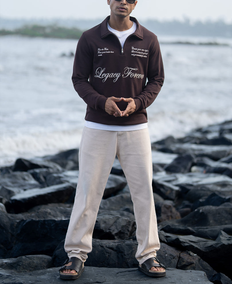 Brown Embroidered Quarter Zip T-Shirt.