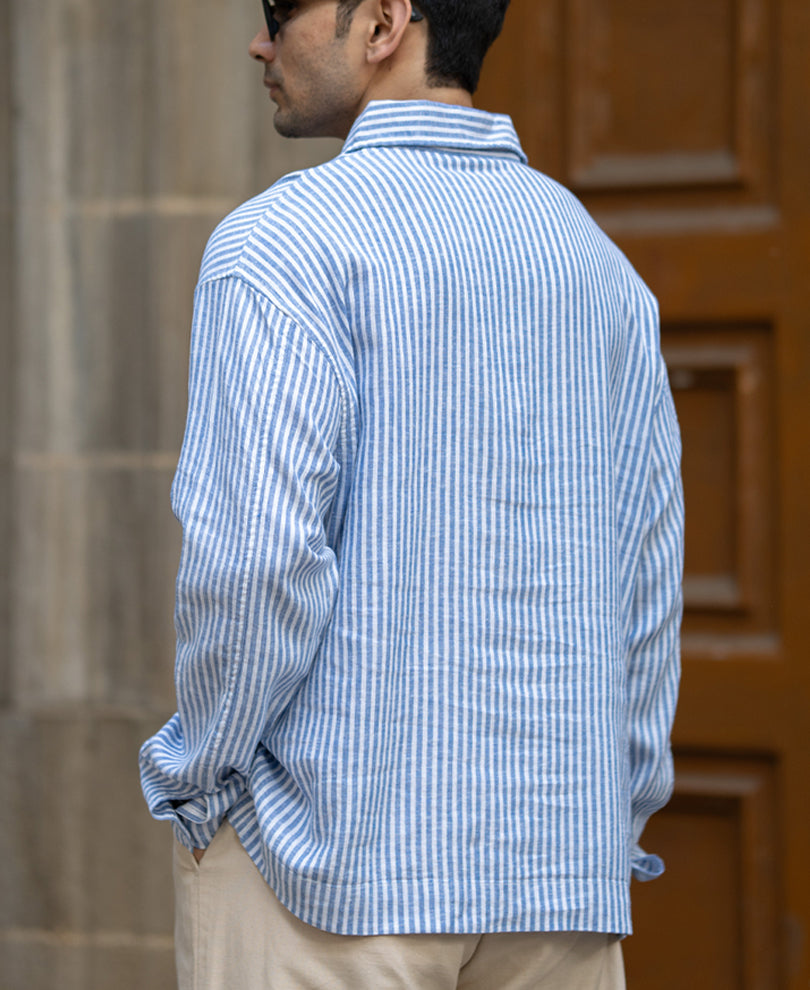 Blue Stripe Zipper Kurta Shirt.