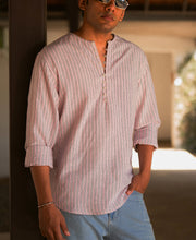 Pastel Pink Linen Blend Stripe Kurta Shirt