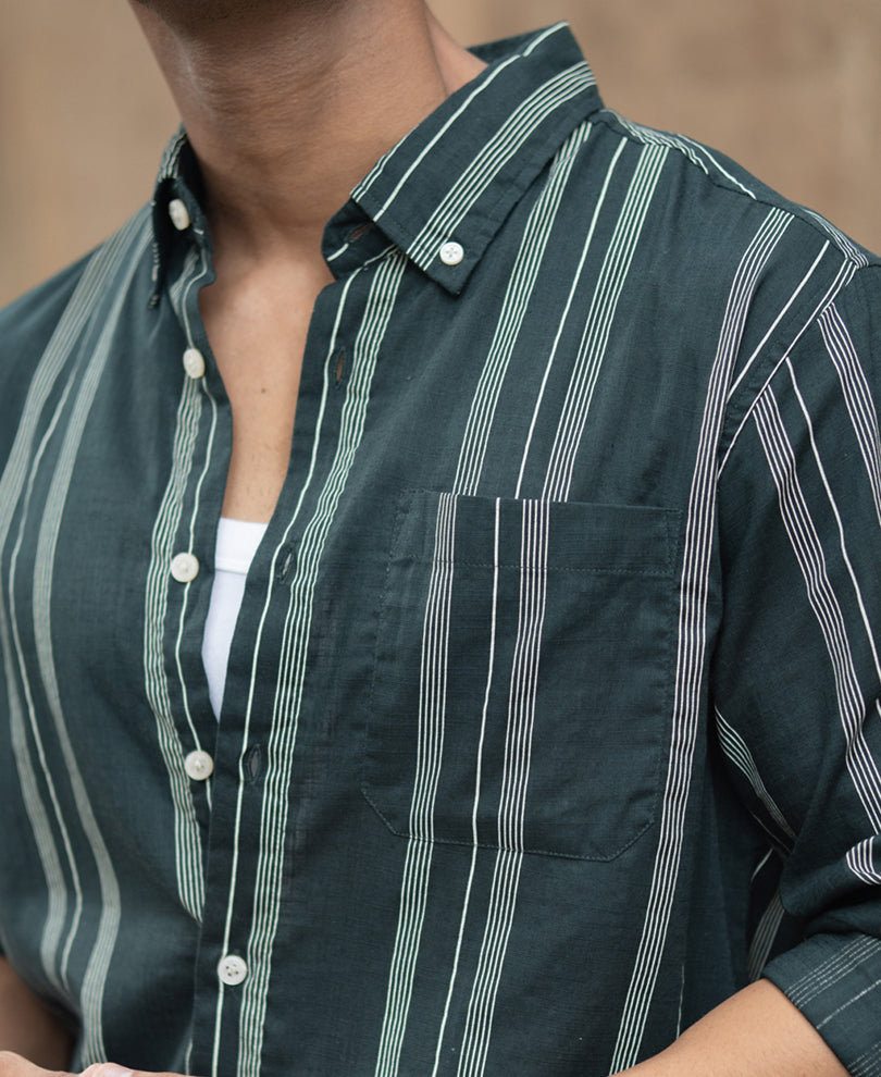 Dark Green Stripped Button Down Shirt.
