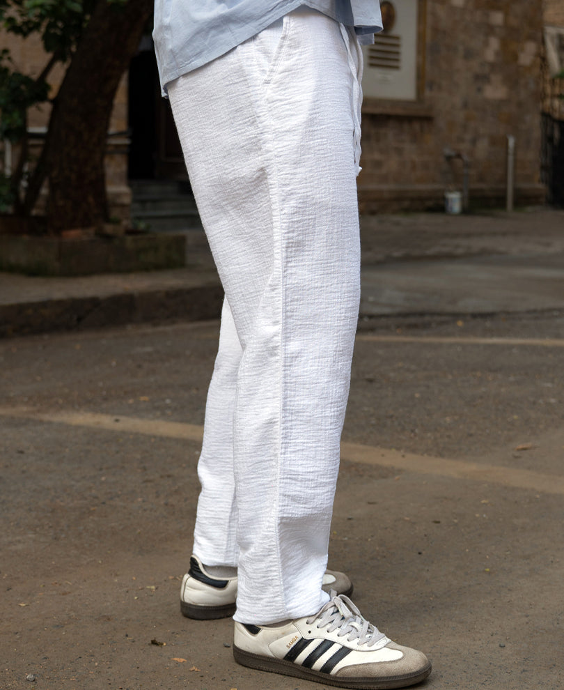 White Regular Fit Crinkled Trouser.