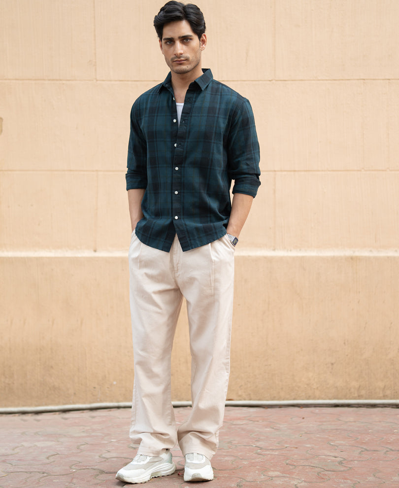 Dark Teal Structured Checks Shirt.