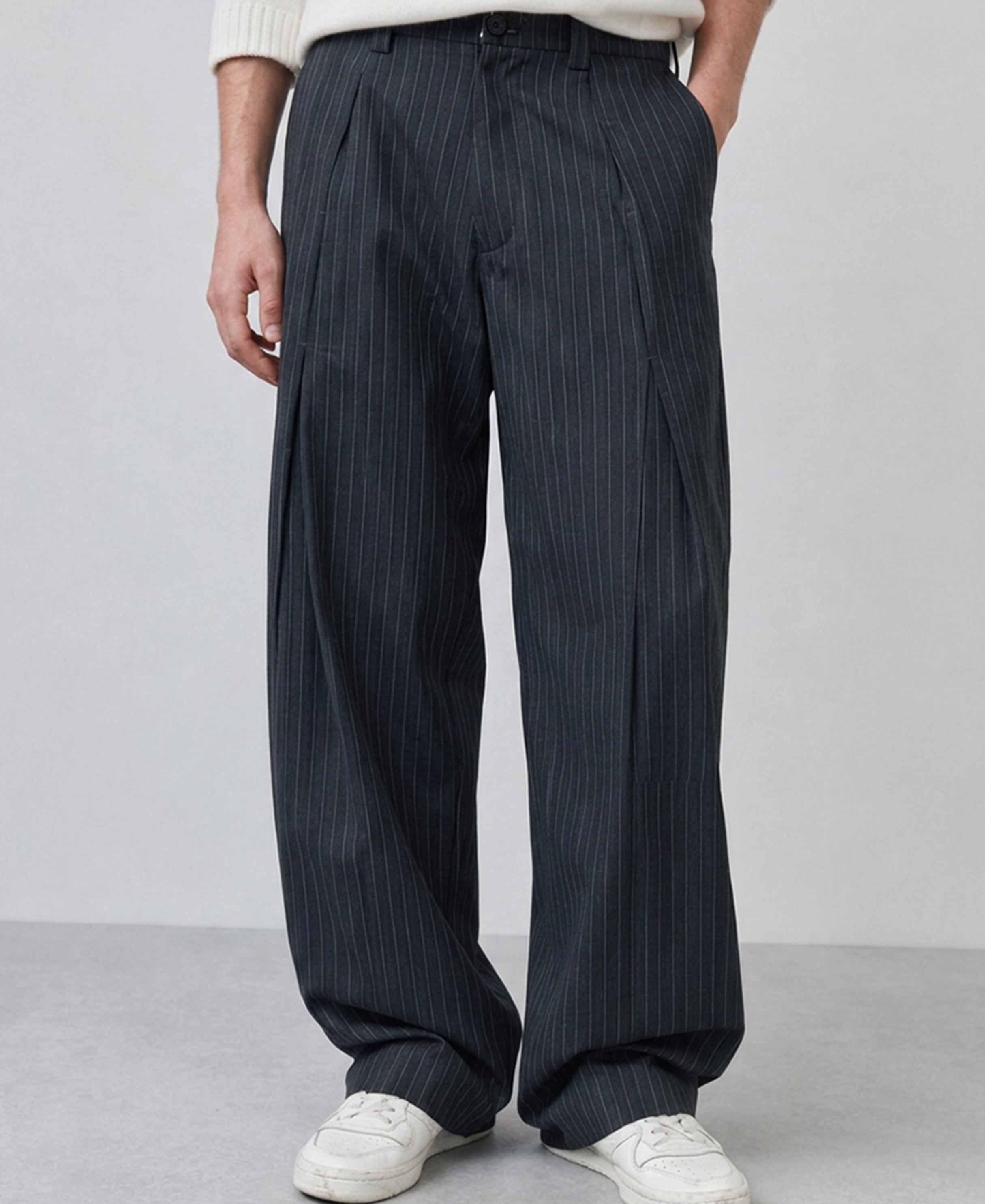 Grey Striped Pleated Korean Pants
