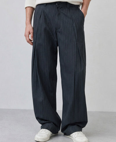 Grey Striped Pleated Korean Pants