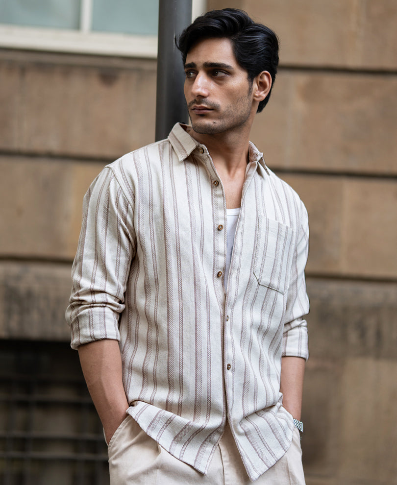 Cream Structured Stripe Shirt.